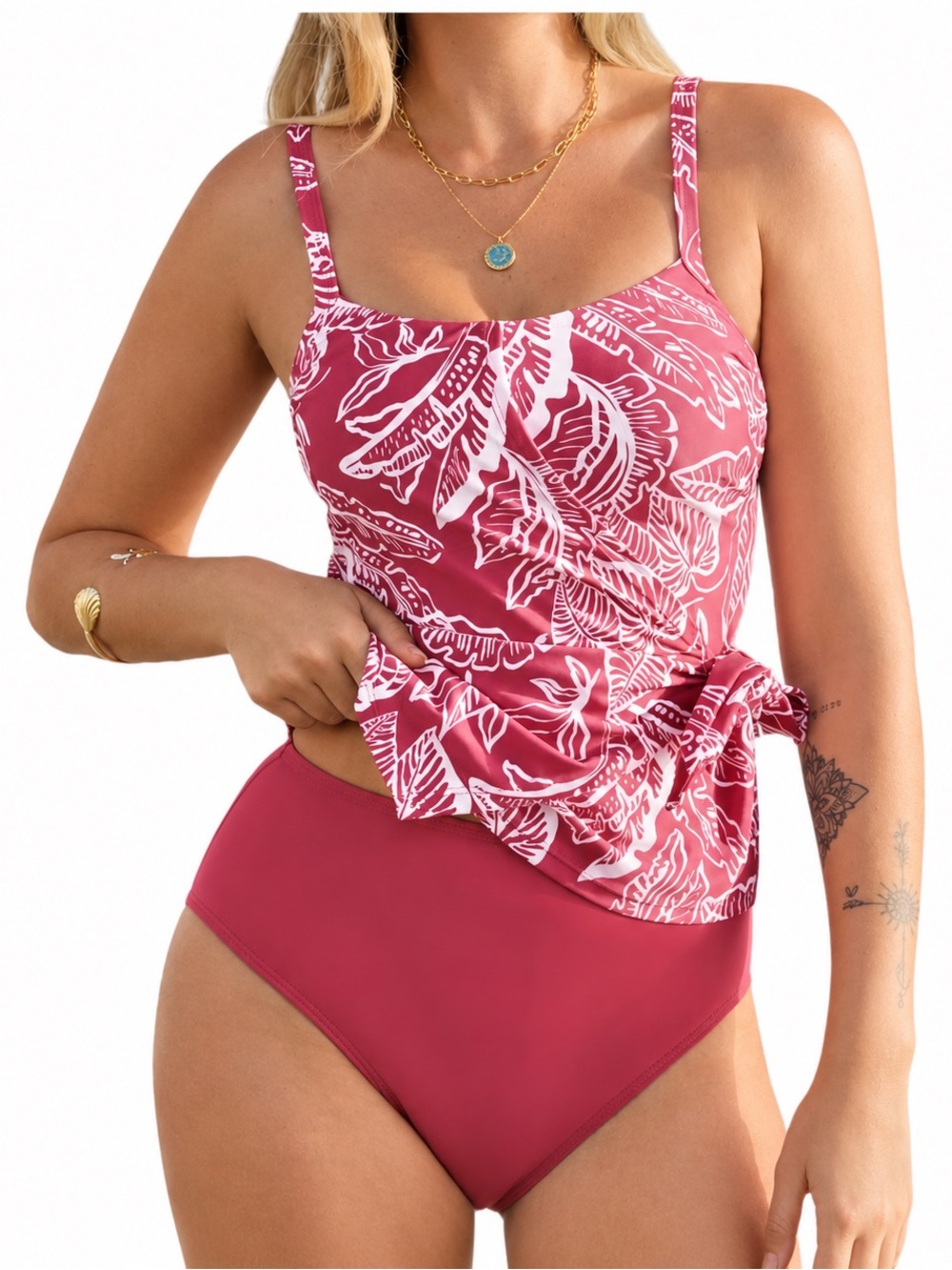 Women Tankini Swimsuit Size S Red White Tropical Floral High Waist Side Tie NWOT